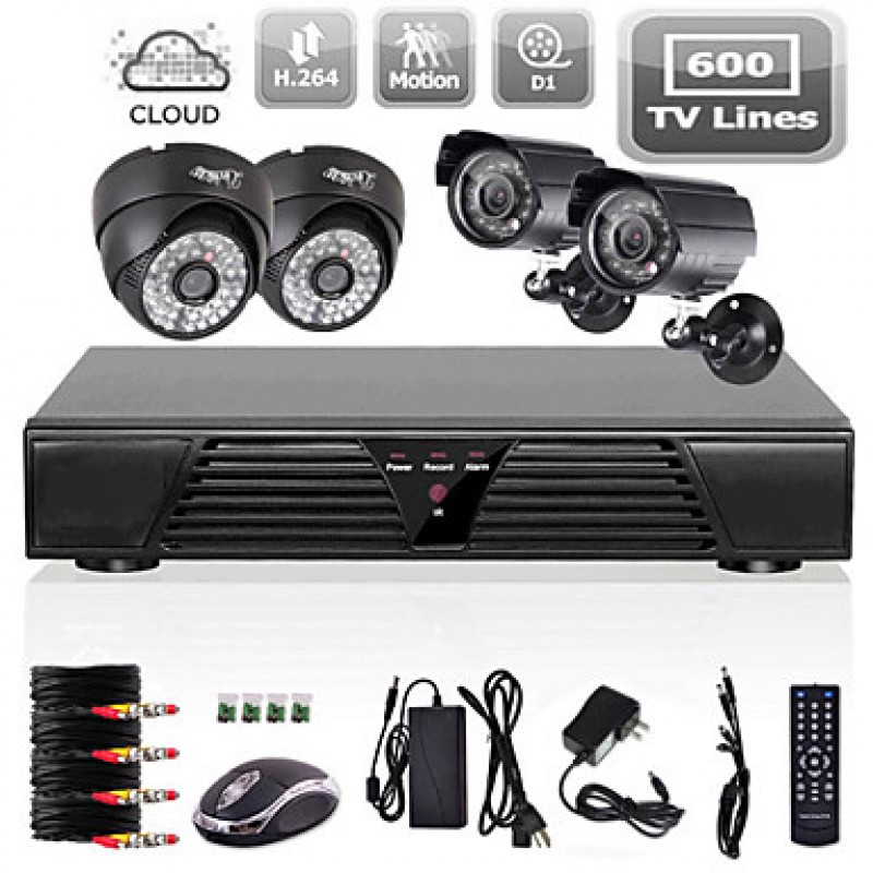 4CH CCTV Full D1 DVR Motion Detection 800TVL Outdoor Indoor Night Vision Camera System  