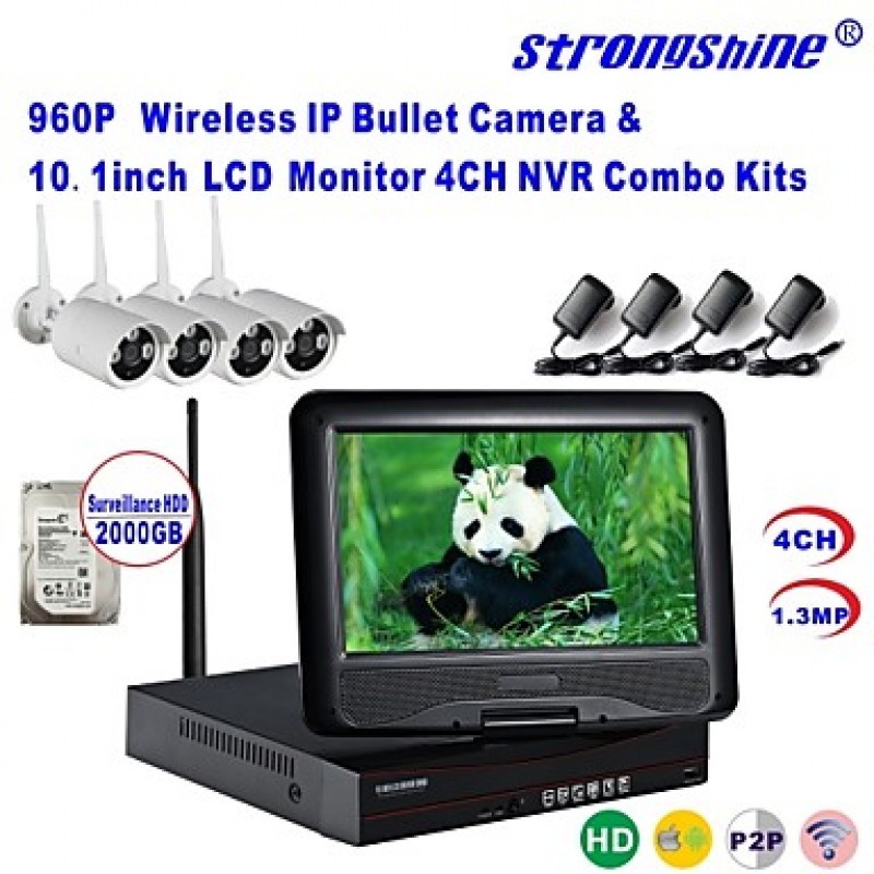 Wireless IP Camera with 960P/Infrared/Waterproof and NVR with 10.1Inch LCD /2TB Surveillance HDD Kits  