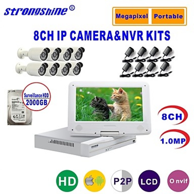 IP Camera with 720P/Infrared/Waterproof and 8CH NVR with 10.1Inch LCD/2TB Surveillance HDD Combo Kits  