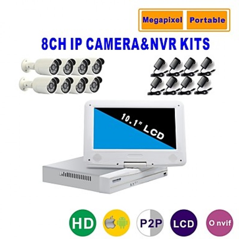 IP Camera with 720P/Infrared/Waterproof and 8CH NVR with 10.1Inch LCD Combo Kits  