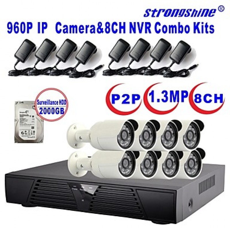 Camera with 960P/Infrared/Waterproof and 8CH  H.264 NVR/2TB Surveillance HDD Combo Kits  