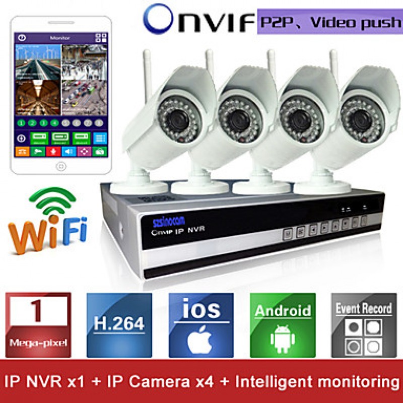 4CH Wifi H.264 NVR Kit(4pcs Wireless 1.0MP 3.6mm Day Night Vision Weatherproof IP Camera),P2P  