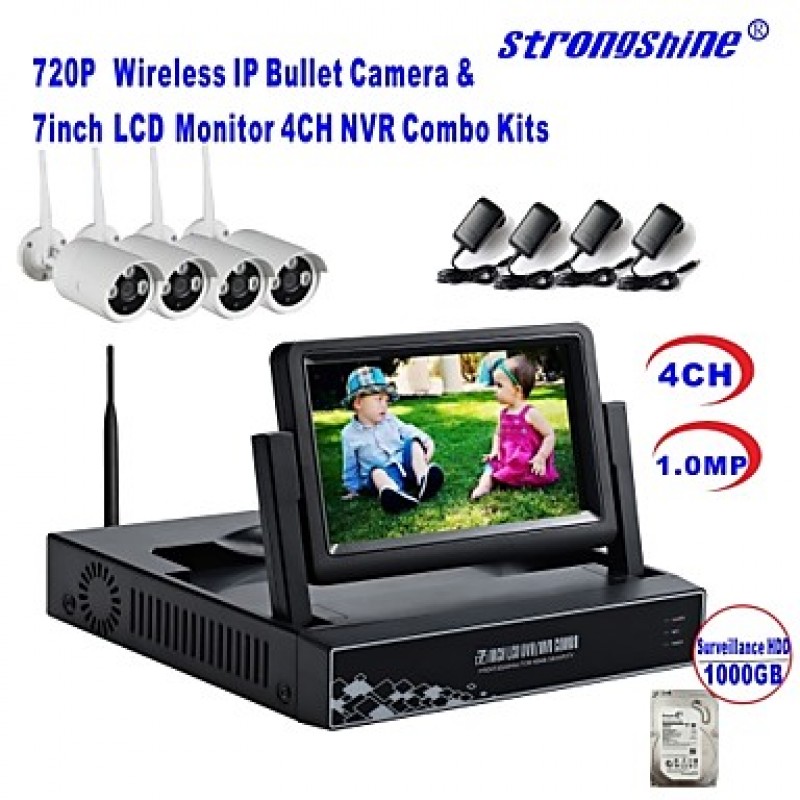 Wireless IP Camera with 720P/Infrared/Waterproof and NVR with 7Inch LCD /1TB Surveillance HDD Kits  